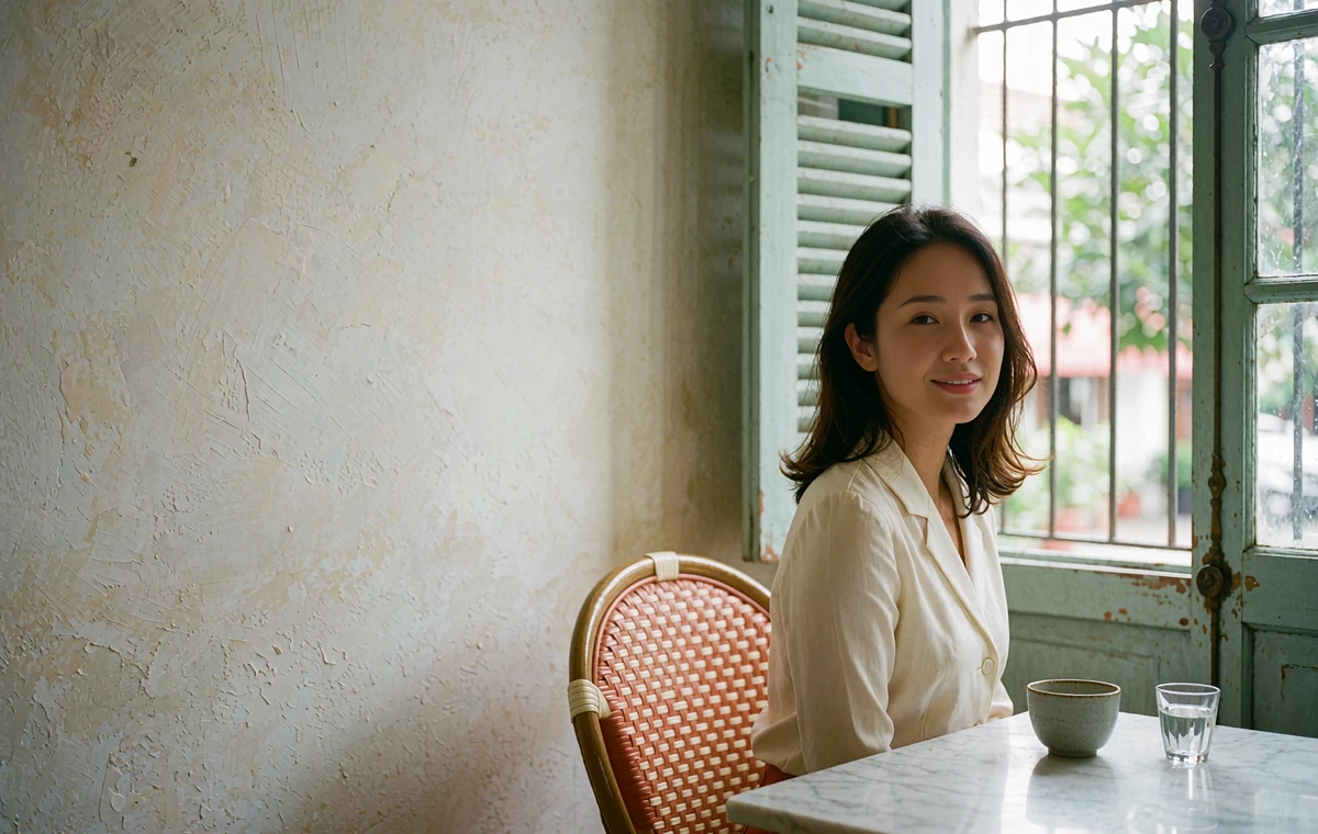 Vietnamese woman in a cream blouse smiling at a marble table beside tall shuttered windows in a colonial-era cafe