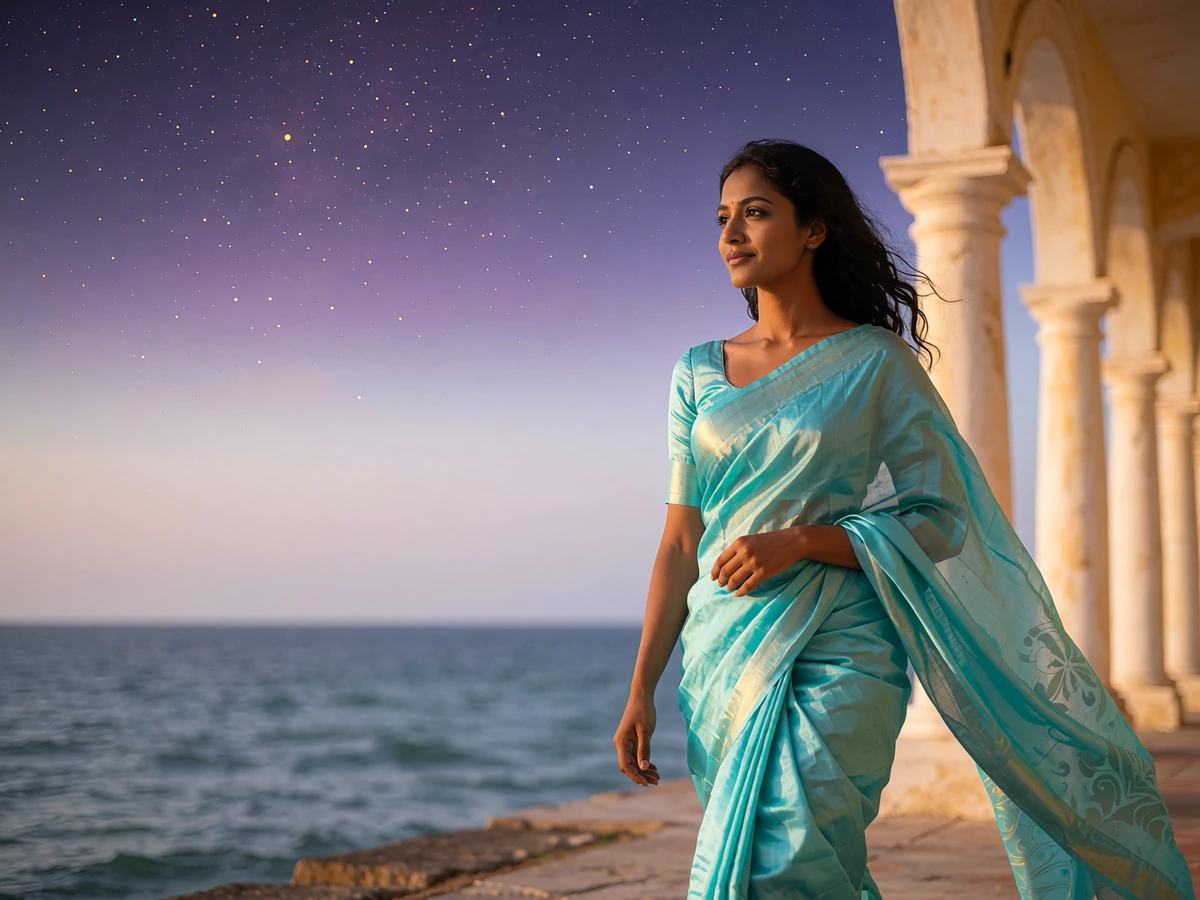Elegant Sri Lankan woman in a turquoise silk sari walking along a colonial-style seafront veranda at dusk