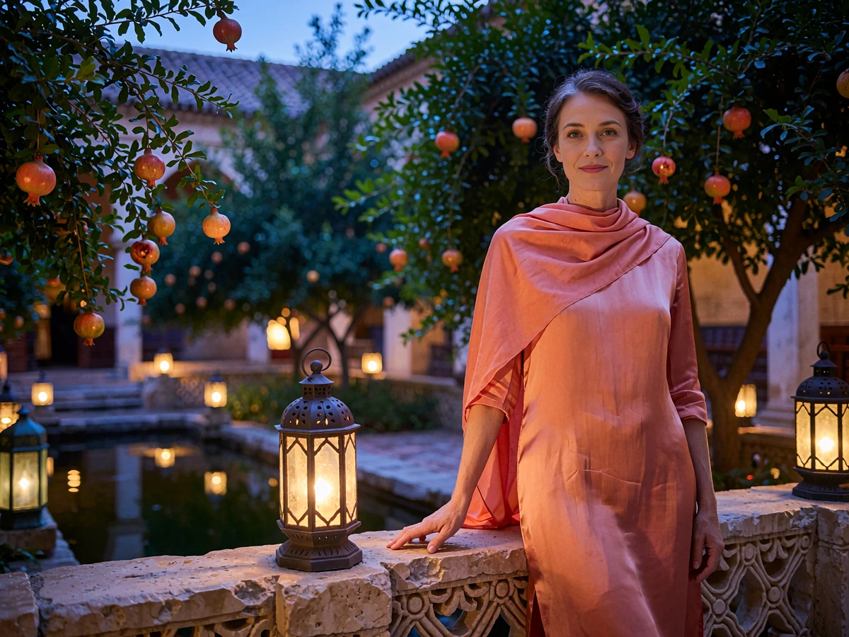 Tajik woman in a coral silk dress standing in a lantern-lit garden courtyard at dusk