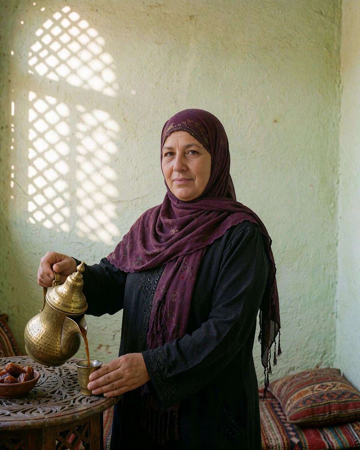 Yemeni woman in a plum headscarf pouring spiced coffee from a brass pot in a softly lit interior