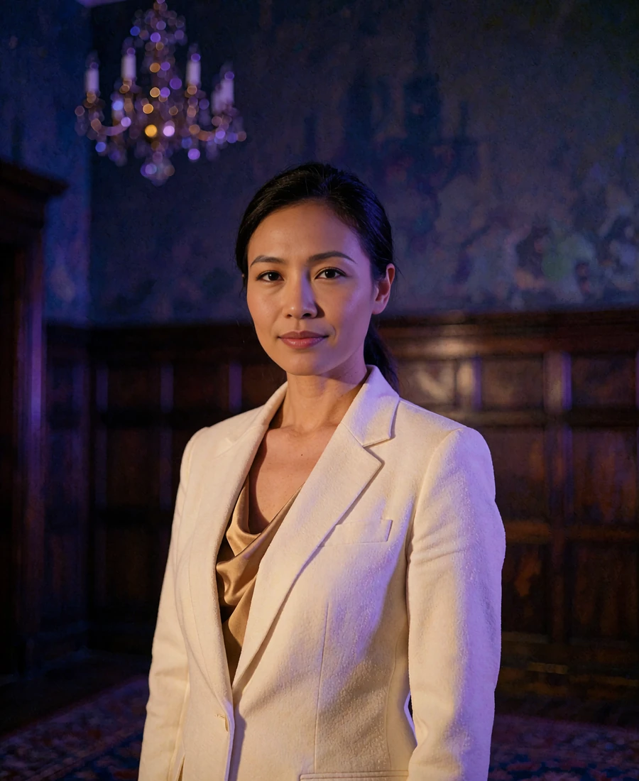 Filipina member in an ivory blazer standing in a quiet luxury hotel lounge
