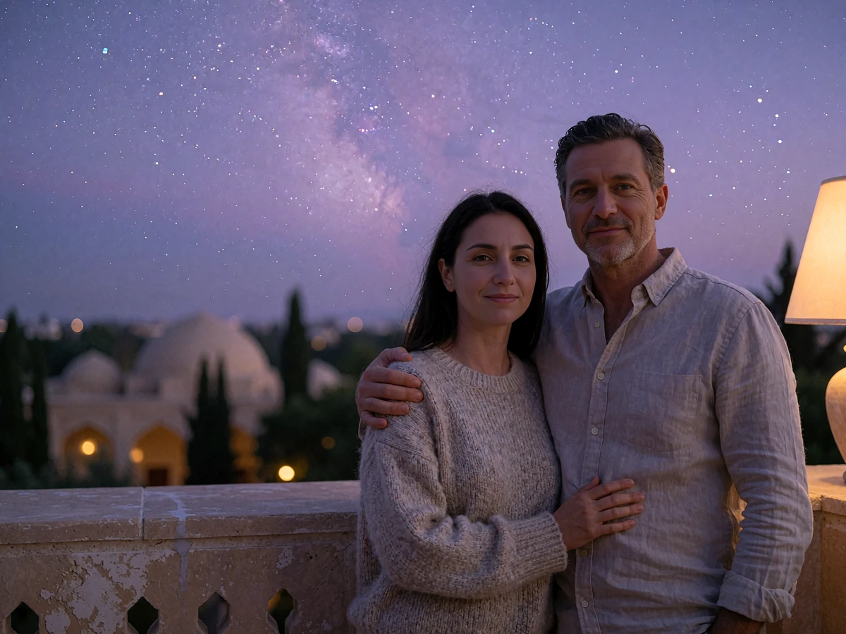 Uzbek woman and Western man standing together on a hotel terrace at dusk with a violet twilight sky behind them