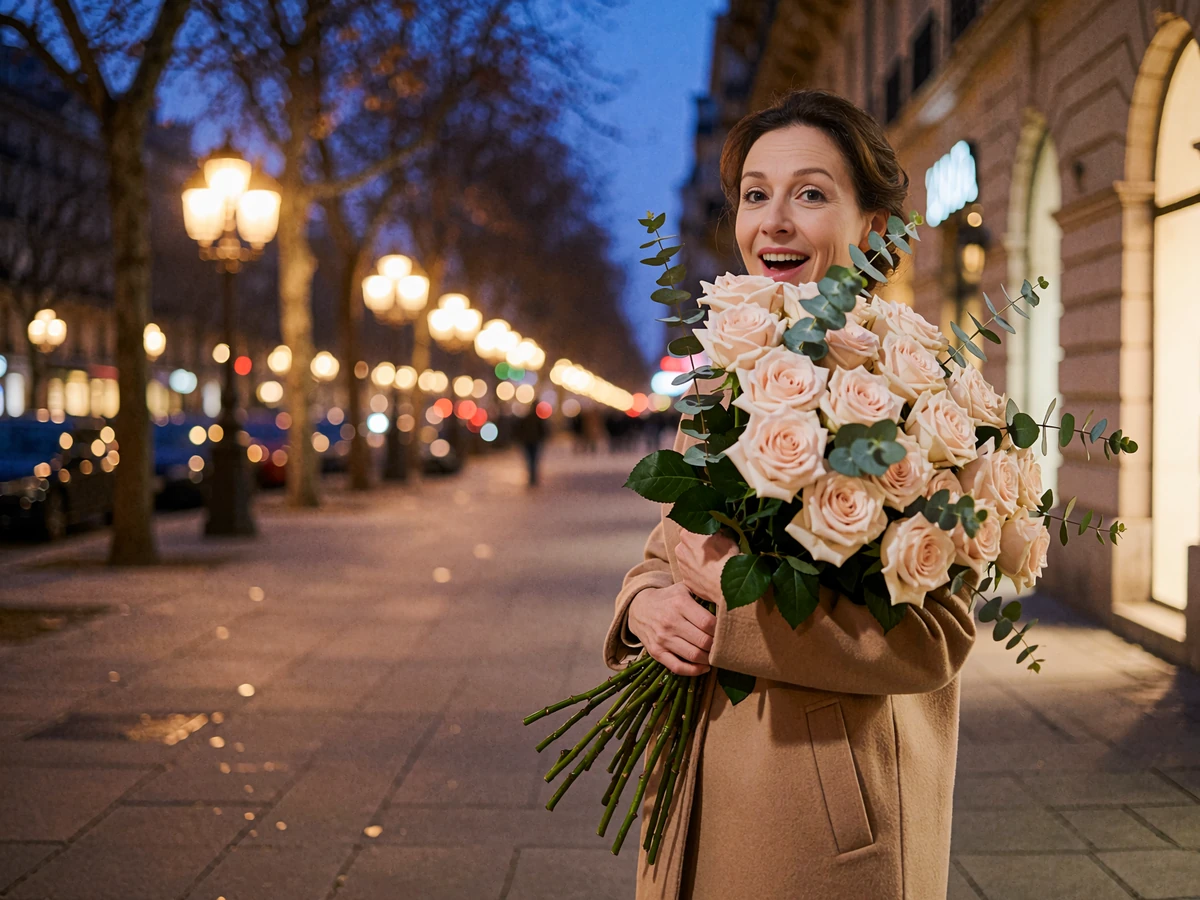 Kazakh woman in a camel coat smiling in surprise while holding a large bouquet of pale roses on a city boulevard at dusk