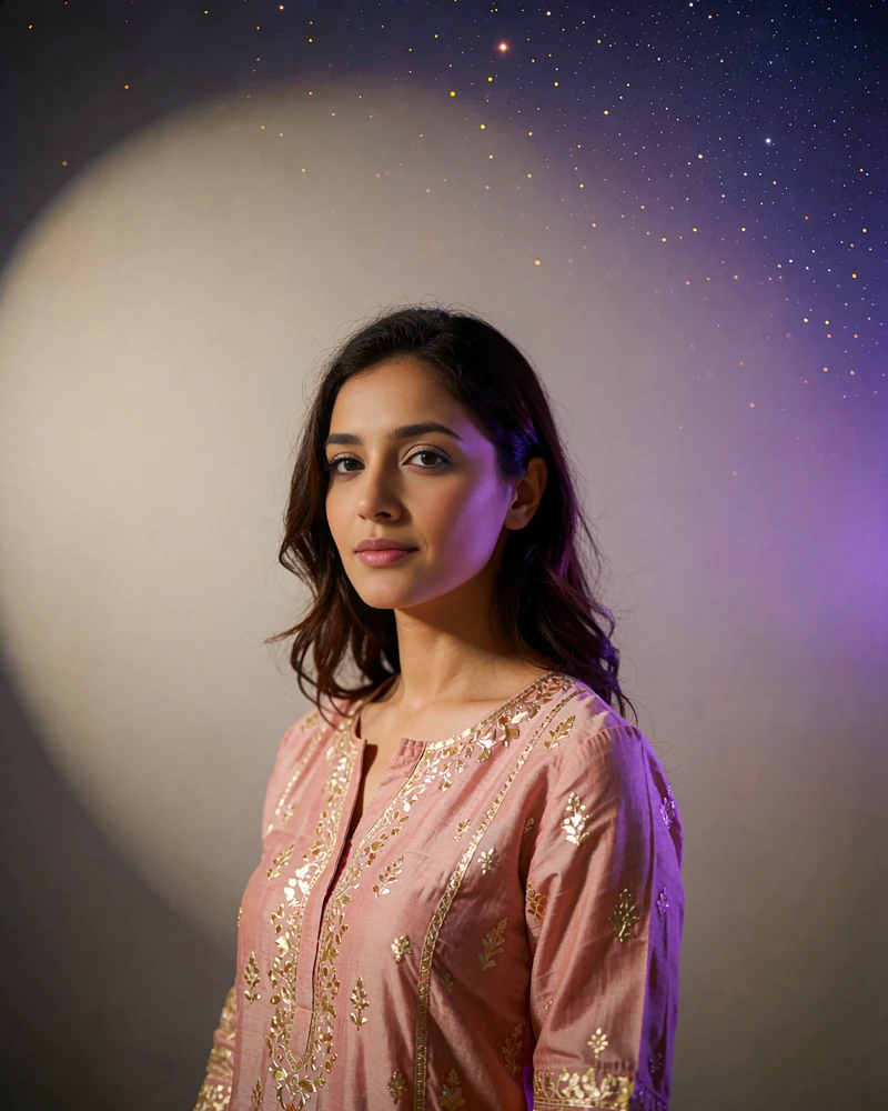 Pakistani member in a rose kurta with gold thread detail photographed against a plain studio wall