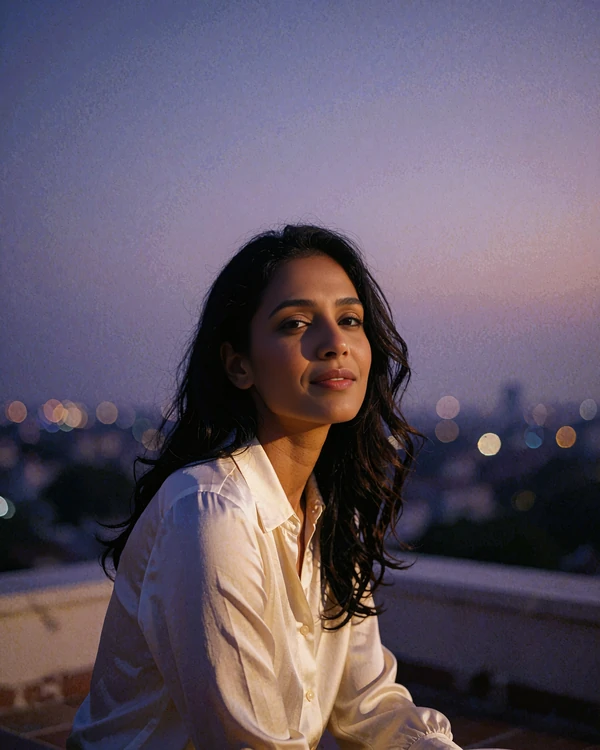 Indian member in an ivory silk blouse seated on a rooftop terrace at blue hour with city lights behind her