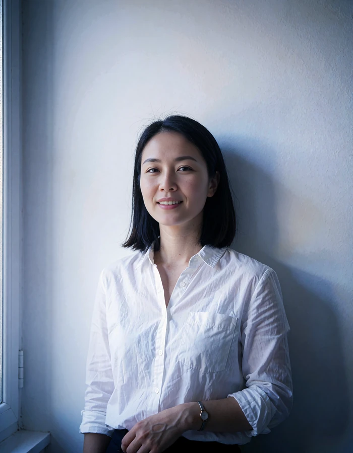 Chinese woman in a crisp white shirt standing in a bright minimal white interior