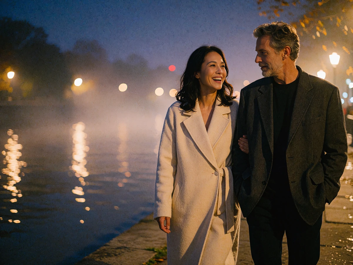 Malaysian woman and Western man walking together along a lamplit riverside promenade at night