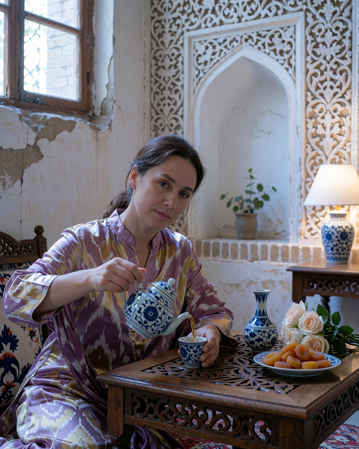 Uzbek woman pouring tea from a porcelain pot at a low carved wooden table in a restored Bukhara courtyard house