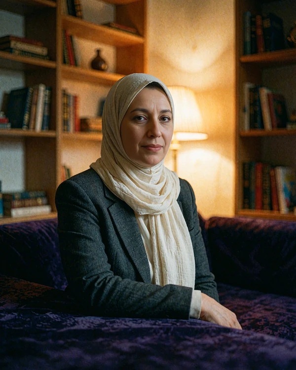 Jordanian member in an ivory headscarf and charcoal blazer seated in a quiet study room