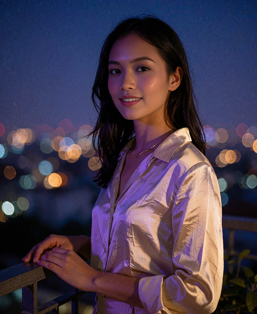 Cambodian member in a champagne silk blouse standing on a terrace at blue hour