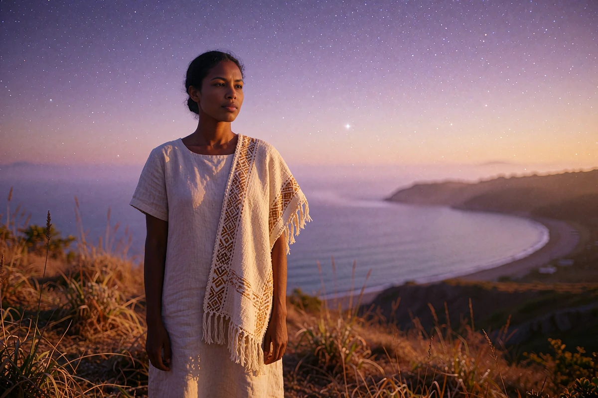 Timorese woman in an ivory linen dress with a hand-woven shawl standing on a grassy coastal hillside at golden hour
