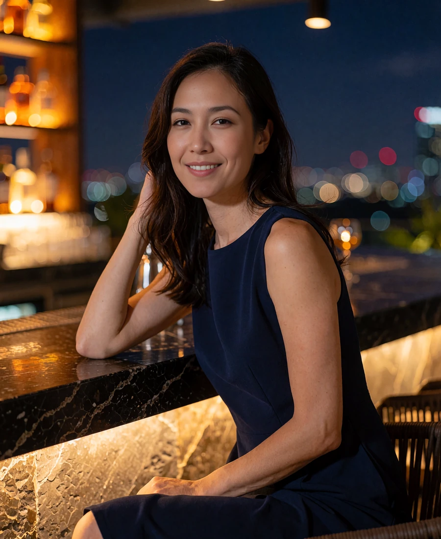 Singaporean member in a midnight-blue dress seated at a rooftop bar counter at night