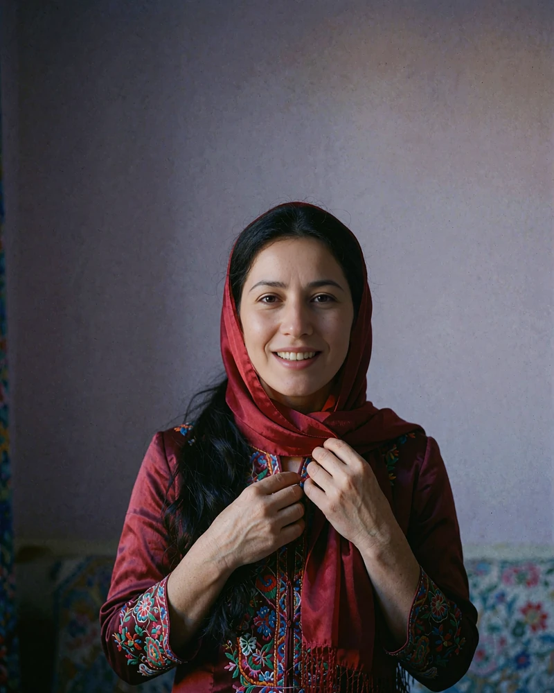 Turkmen member adjusting a deep-red silk scarf in a softly lit studio portrait