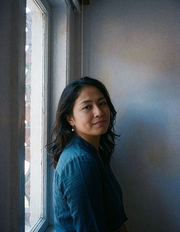 Nepali member in a deep teal blouse glancing over her shoulder beside a tall window