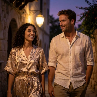 Jordanian woman and Western man walking together along a quiet stone street at dusk