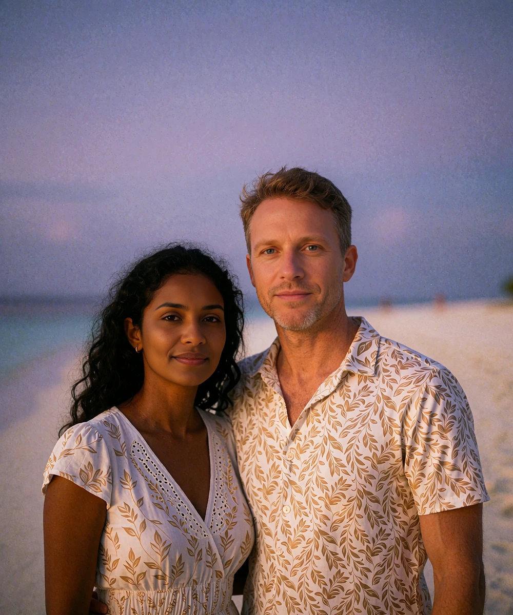 Maldivian woman standing close beside a Western man on a pale sand shoreline at blue hour