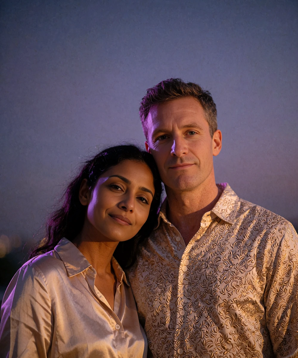Indian woman standing close beside a Western man on a hotel rooftop at blue hour, both smiling calmly at the camera