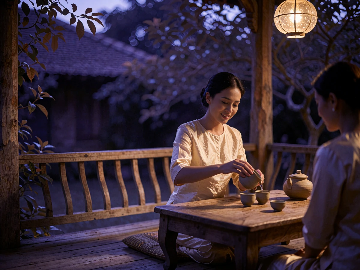 Thai woman in a sand-coloured silk blouse pouring tea for a companion in an open wooden pavilion at dusk