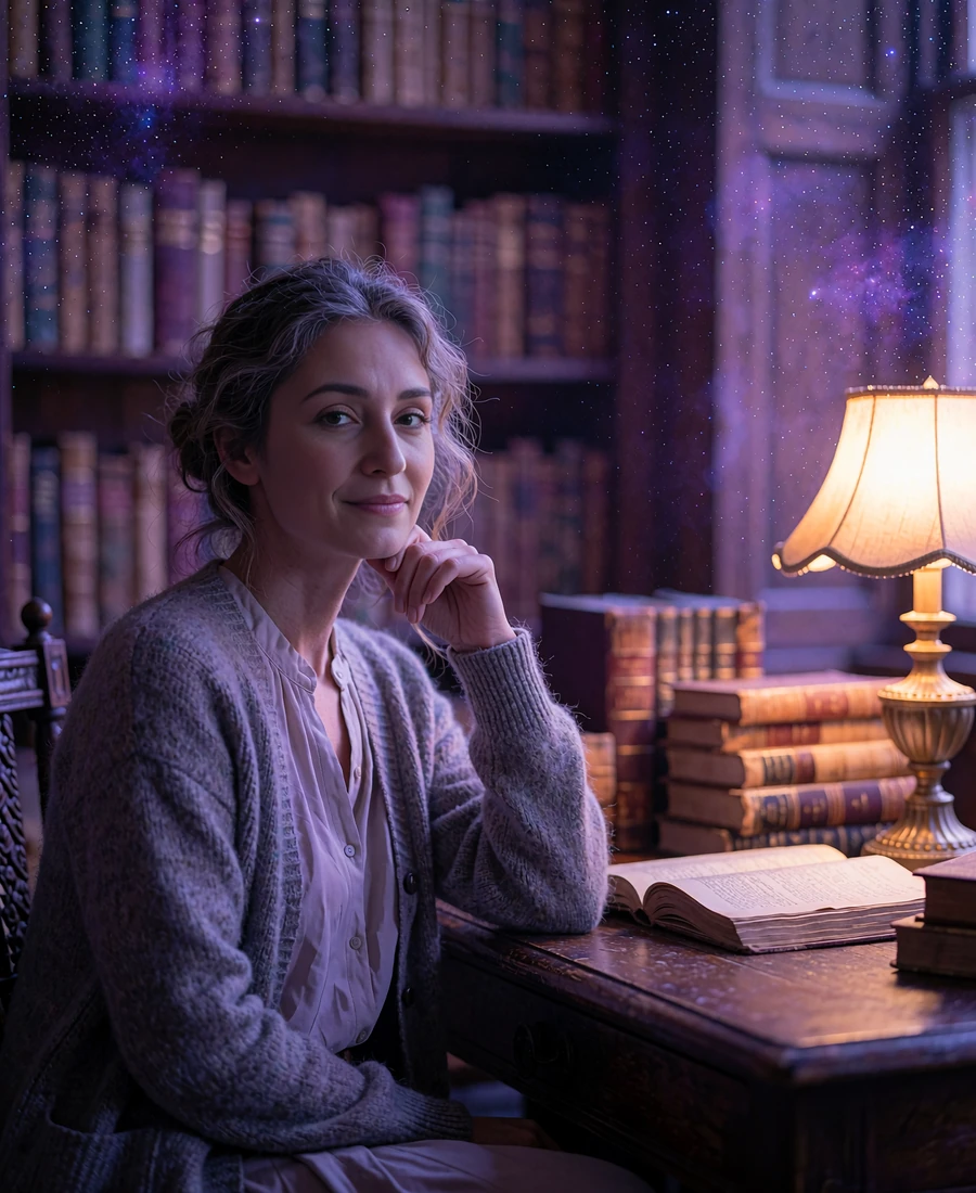 Afghan-heritage member seated beside a wooden reading table in a warmly lit library