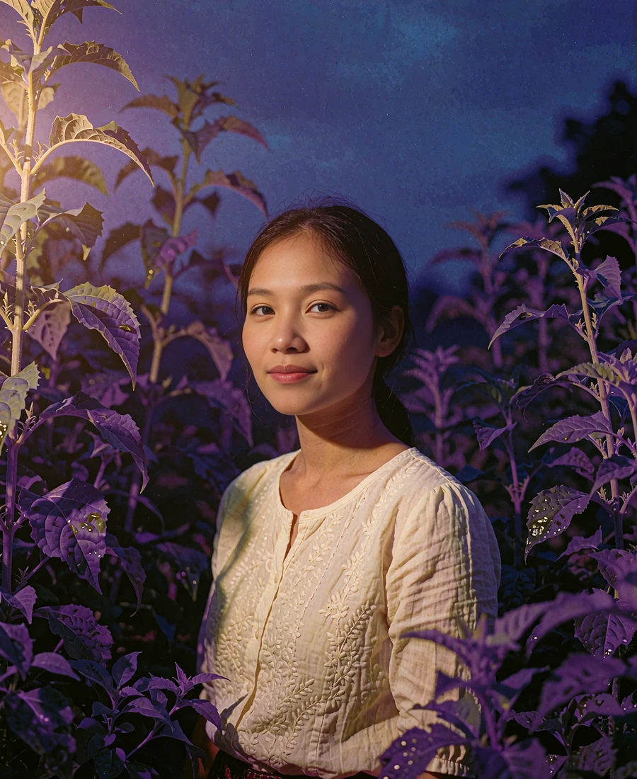 Burmese member in a cream cotton blouse standing among dark garden foliage at dusk